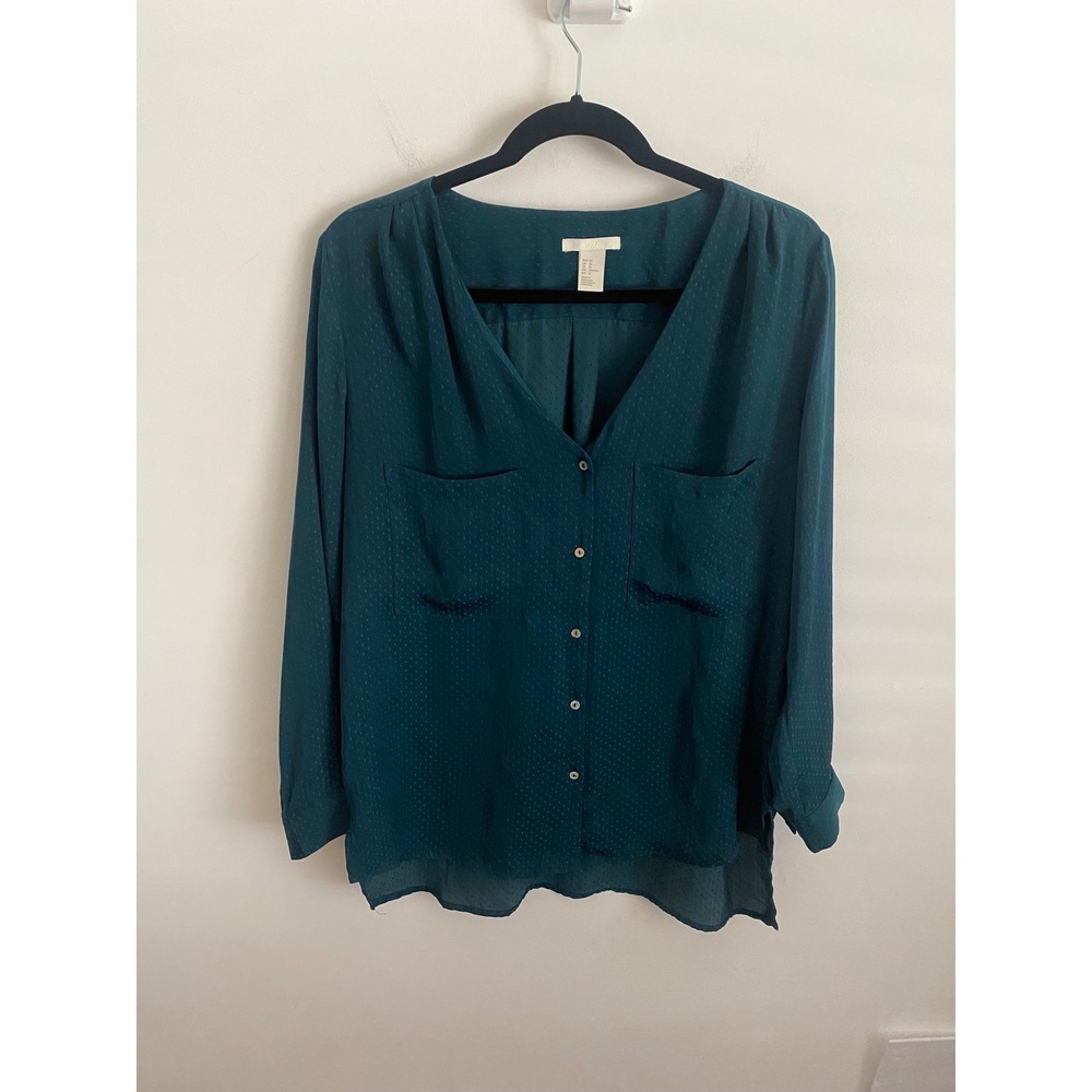 HM Teal Green Jacquard Dot Button Down V-Neck Blouse Top Size 10‎